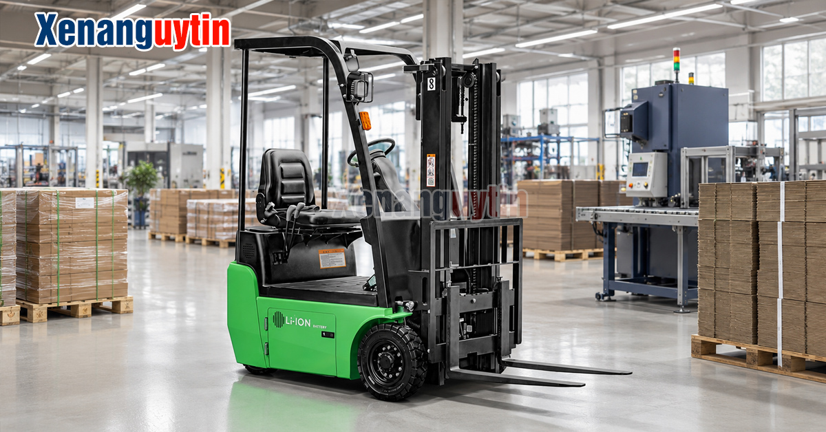 Xe nâng điện 1 tấn trong xưởng sản xuất