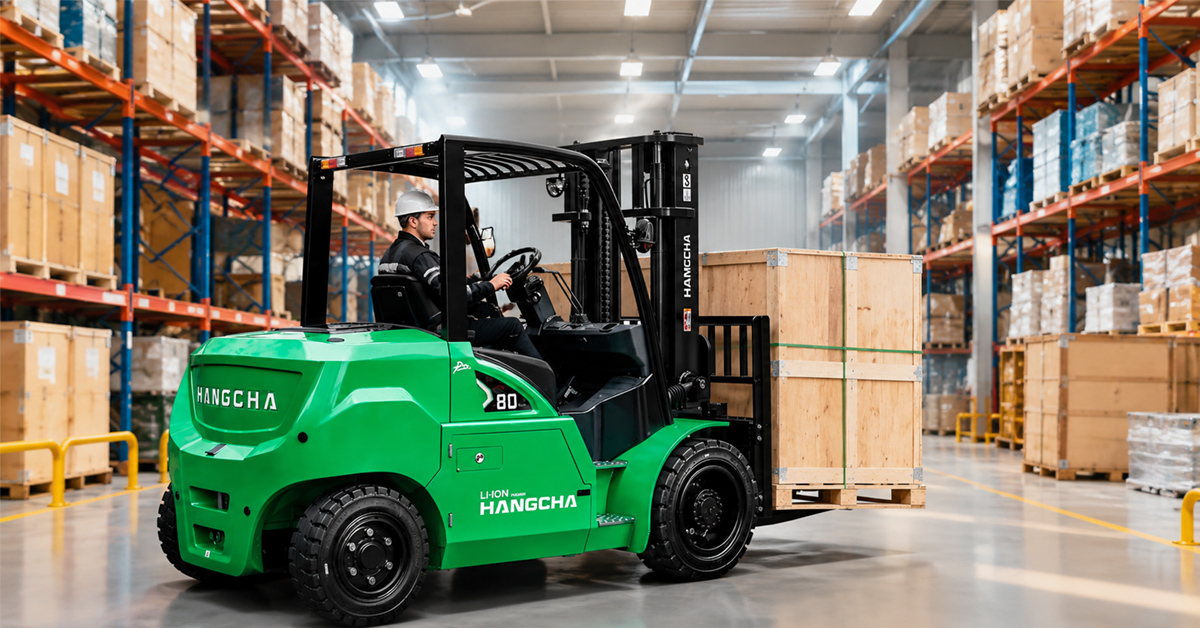 Xe nâng điện 8 tấn trong kho hàng
