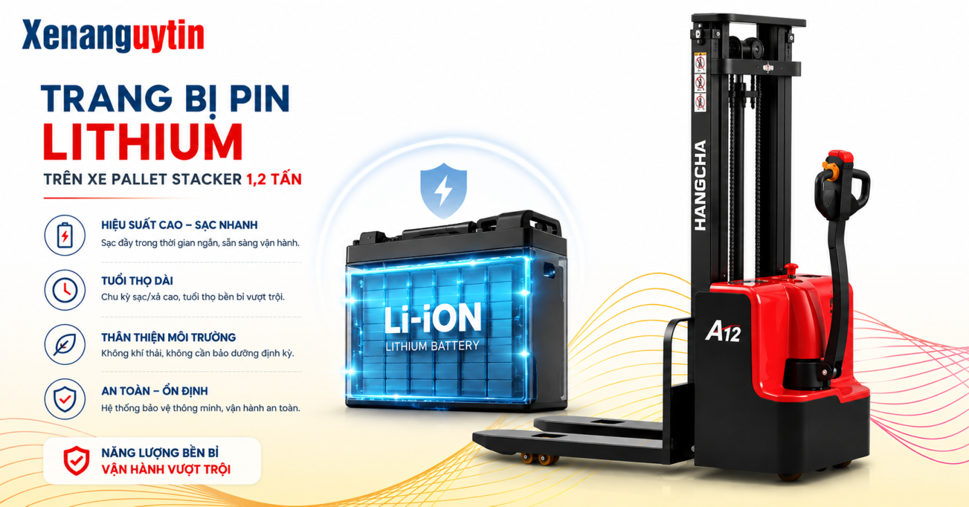 trang bị pin lithium trên xe nâng điện pallet stacker 1,2 tấn